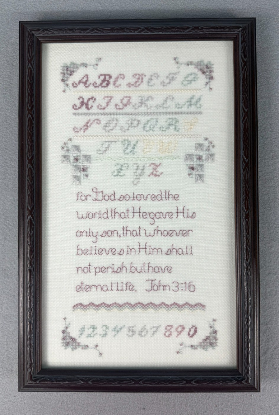 John 3 16 Cross Stitch Sampler Finished Framed Christian Art Vintage Cottagecore